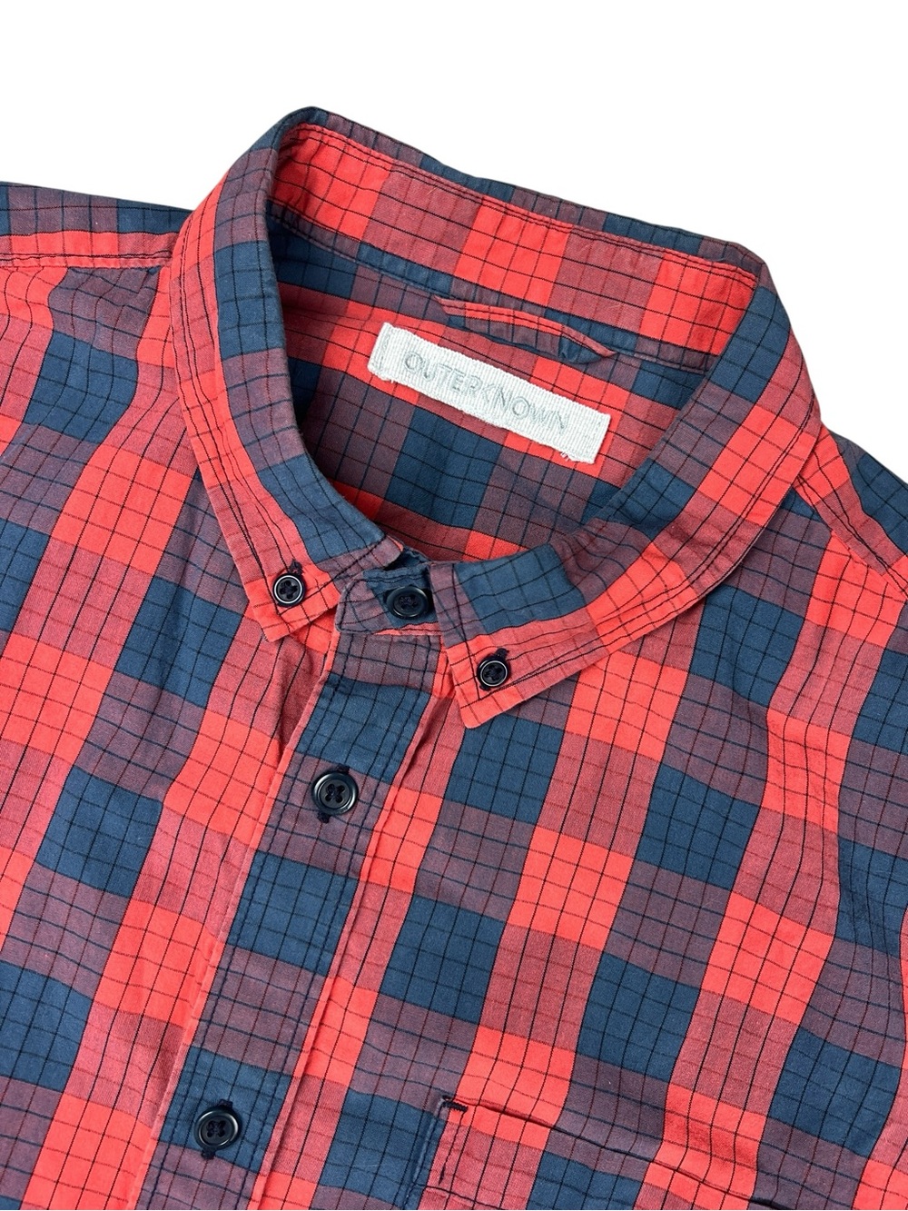 Outerknown Shirt Mens Medium Blue Red Short Sleeve Button Front Organic Cotton